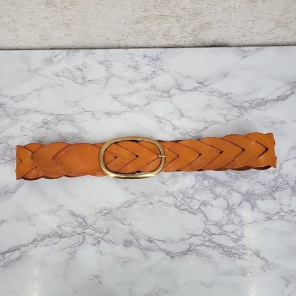 Miss Me Braided Woven Orangey Tan Leather Belt with Large Gold Toned Oval Buckle main image 6